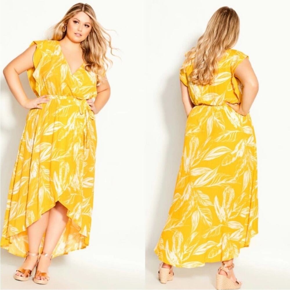 Plus Size Maxi Dress 22 Yellow Midi 2X Fall Marigold City Chic Boho Tropical